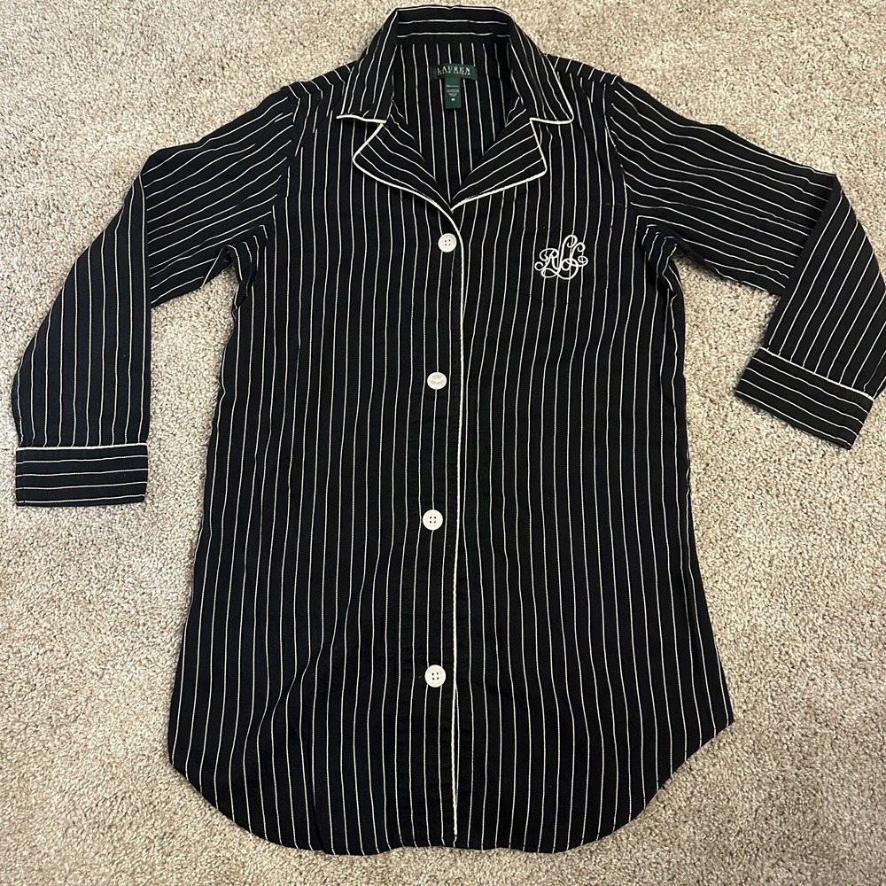 Lauren Ralph Lauren Womens Pinstripe Roll-Tab Sleepshirt Black White M A87